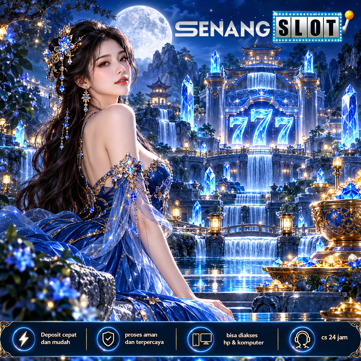 Poster SENANGSLOT bernuansa biru malam dengan istana fantasi, air terjun, kristal, dan tokoh berbusana biru