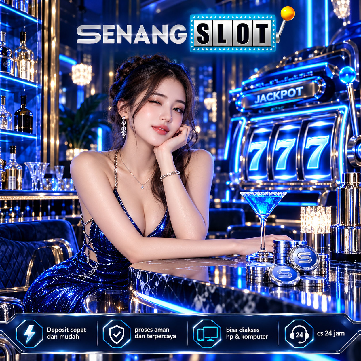 Poster SENANGSLOT dengan tokoh berbusana biru di ruang neon dan ilustrasi mesin 777