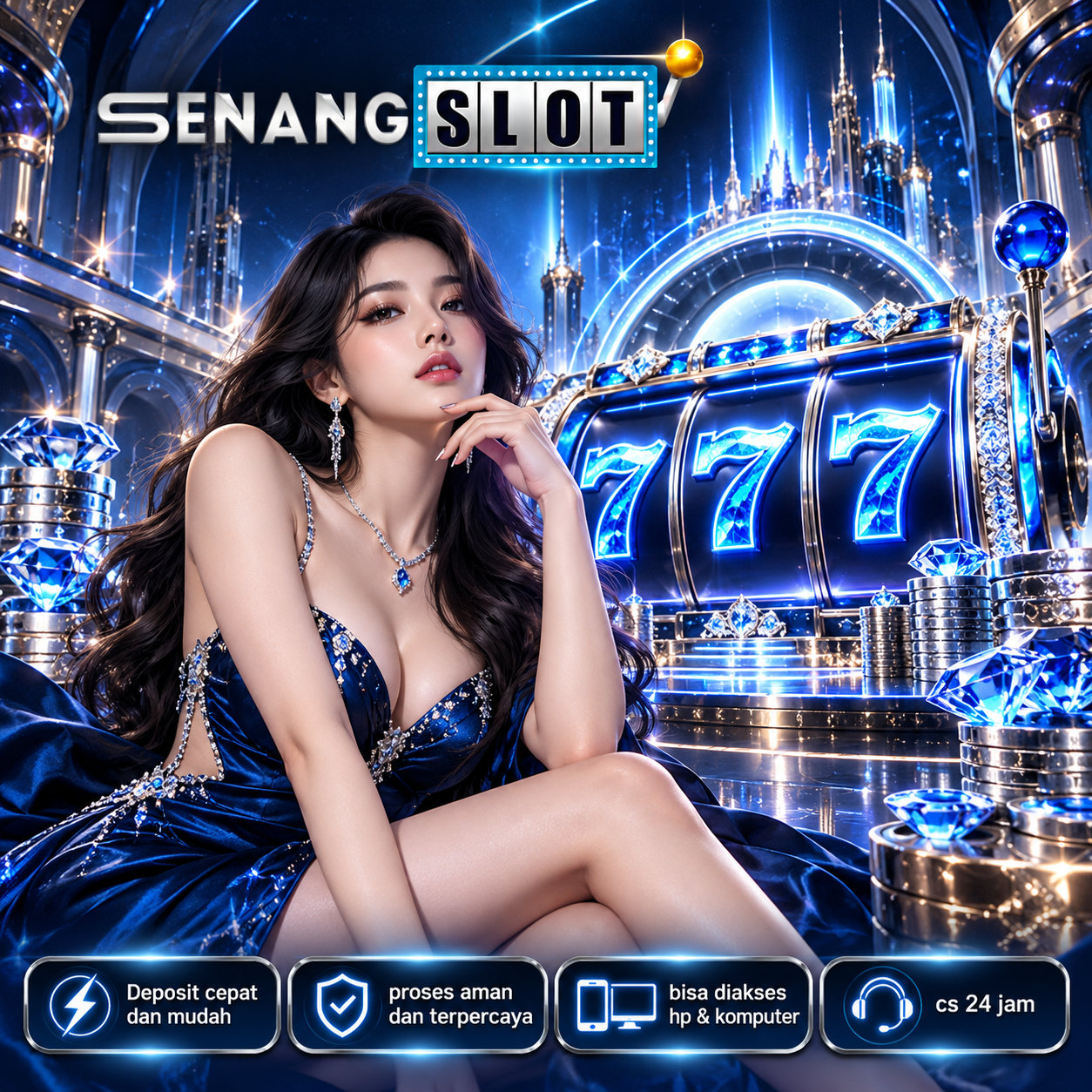Poster SENANGSLOT menampilkan tokoh fantasi, elemen kristal, dan ilustrasi mesin bercahaya biru